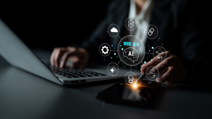 The Web 3.0 technology ecosystem, the next generation of the internet. A concept of a decentralized web with AI, blockchain, NFT, and cryptocurrency. Motif