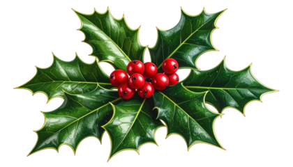 A sprig of vibrant green holly leaves with glossy red berries centered