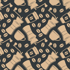 Coffee cup and coffee mill seamless pattern. Vector illustration