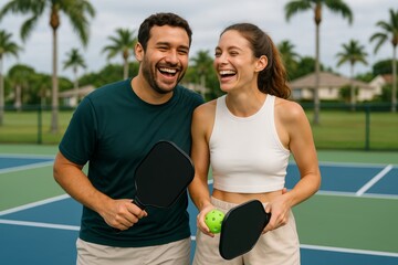 Happy couple playing pickleball on outdoor court with paddles and ball, enjoying active sport lifestyle together in tropical setting under palm trees. Ai generative