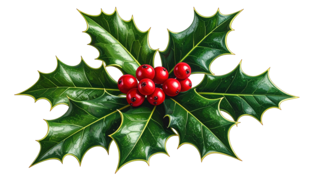 A sprig of vibrant green holly leaves with glossy red berries centered