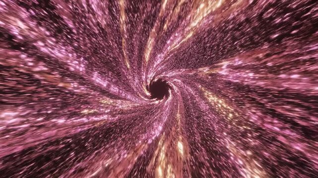 Seamless looping animation flying quickly through an infinite tunnel defined by glowing pink and gold metallic particles that constantly shift and reform movement, glowing, space