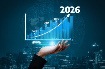 A hand presents a futuristic growth chart projecting positive trends toward 2026, symbolizing business success, data analysis, and financial planning in a modern setting. Tessel