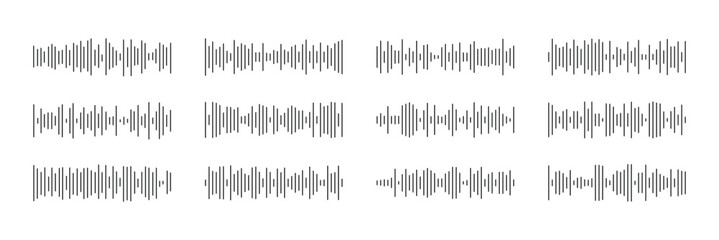 Voice message set . Sound wave icon . Minimal sound wave icon. Simple black waveform symbol representing voice message, audio recording, or music signal. eps 10