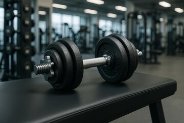 Naklejka premium Heavy dumbbell resting on black leather bench in modern gym, symbolizing strength training and fitness motivation concept in sport environment. Ai generative
