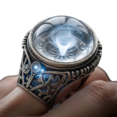 Closeup of a hand wearing a mystical, ornate ring with a glowing, swirling blue energy orb, isolated on transparent background