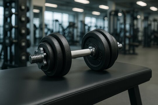Heavy dumbbell resting on black leather bench in modern gym, symbolizing strength training and fitness motivation concept in sport environment. Ai generative