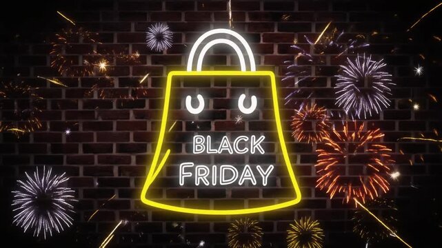 Black Friday sale animation neon shopping bag outlined electric vibrant retail promotion hype bold event
