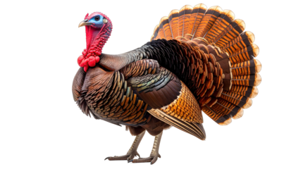 A vibrant male bird displays iridescent plumage and a prominent wattle, strutting confidently