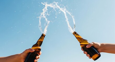 Two hands holding beer bottles and toasting against a bright blue sky with water splashing out of the bottles, celebrating a summer day with a refreshing drink