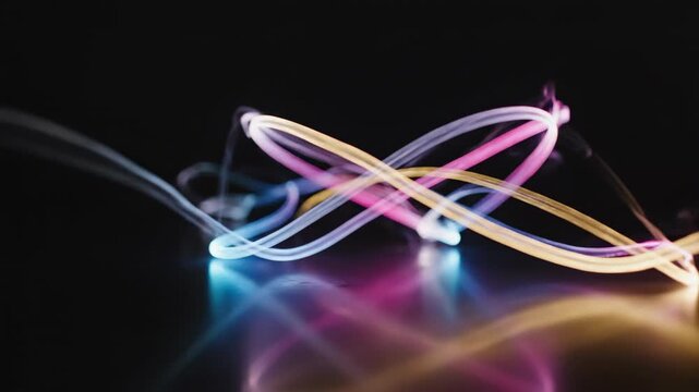 Seamlessly looping slow motion animation of vibrant residual energy light streaks drawing flowing trails on a dark surface endless, blue, geometry