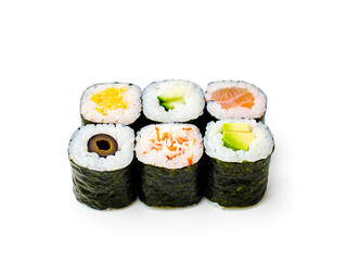 Sushi rolls isolated on white background.