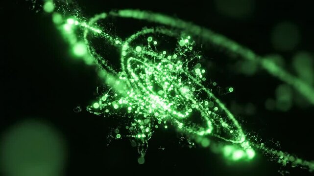 Slow motion abstract orbit of subatomic energy particles creating a vibrant green quantum rhythm effect against a black void background backdrop, science, dynamic