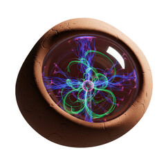 Plasma ball with blue and green electricity in a glass sphere, on a textured brown base, isolated on transparent background