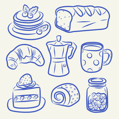 Breakfast Food Line Art Illustration Set for Cafe Branding Design
