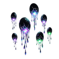 Abstract dark cracked spheres with vibrant glowing purple, blue, and green interiors, appearing to drip and melt, isolated on transparent background