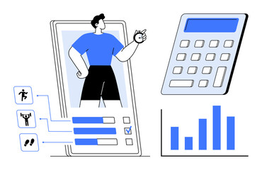 Person checking progress on fitness tracker app, calculator for data calculation, bar chart of performance. Ideal for health, productivity, technology, self-improvement, analytics, planning