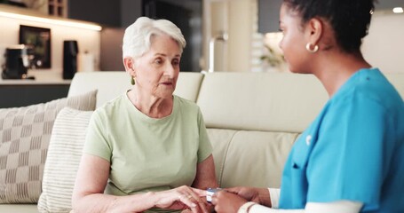 Nurse, senior woman and oximeter in home for healthcare test, lung wellness or retirement. Caregiver, elderly person and blood oxygen exam for pulse, pulmonary checkup or happy for medical results - Powered by Adobe