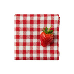 A vibrant red strawberry with a green stem next to a perfectly folded red and white gingham kitchen textile, flat lay on a seamless transparent studio background, fresh simplicity concept