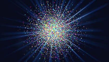 Naklejka premium Confetti on dark background. Bright explosion. Firework. Texture with colorful glitters. Pattern for work. Print for banners, posters and flyers. Greeting cards. Doodle for design and business