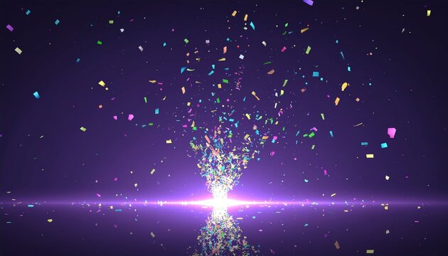 Confetti on dark background. Bright explosion. Firework. Texture with colorful glitters. Pattern for work. Print for banners, posters and flyers. Greeting cards. Doodle for design and business