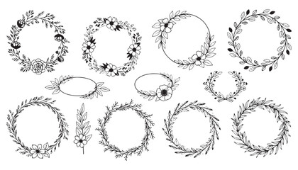 Obraz premium Hand-Drawn Floral Wreaths Vector Collection — 8 Elegant Circular Leaf and Flower Frames for Wedding, Invitation, and Decoration