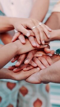 Outdoor, friends or people with hand stack for solidarity, community or partnership in relationship. Collaboration, bonding or group in circle with support for team building, diversity and connection
