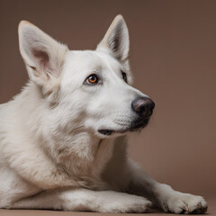 Obraz premium Majestic White Dog Lying on Neutral Background in Studio Lighting