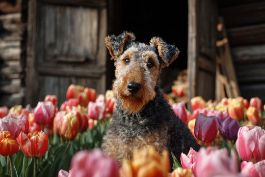 Curly-haired Airedale Terrier or Welsh Terrier dog in a field of colorful tulips in spring