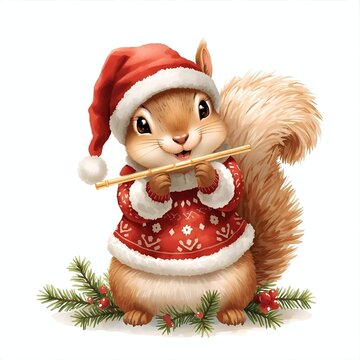 Watercolor painted of cute squirrel wearing christmas hat and sweater playing a flute isolated on white background. Woodland animal clipart in festive holiday theme