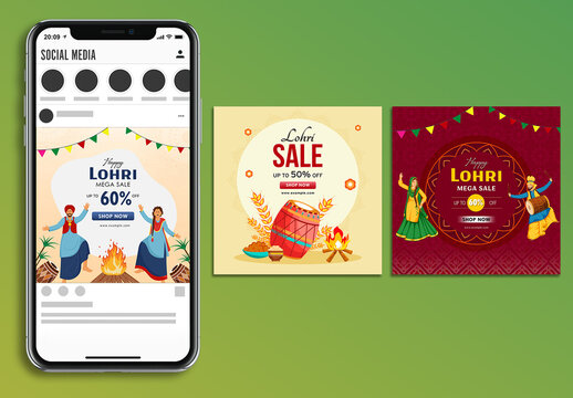 Editable Lohri Festival Sale Social Media Post Set with Punjabi Couple Characters in Bhangra Dance and Festival Elements.