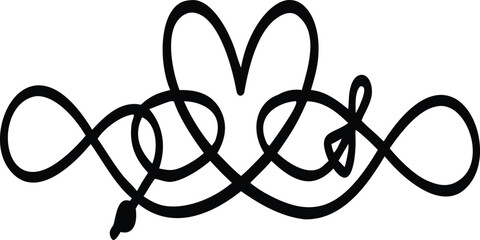 Elegant black calligraphic flourish with a central heart shape, a decorative divider, isolated on white background