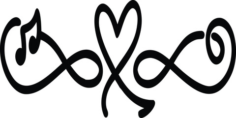 Elegant black line art illustration combining infinity symbols, a heart, and musical notes, isolated on white background