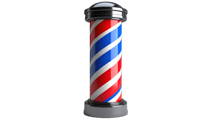 Classic, cylindrical, red, white, and blue striped pole with a shiny metallic top and base