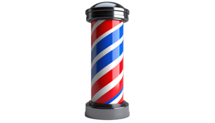 Classic, cylindrical, red, white, and blue striped pole with a shiny metallic top and base