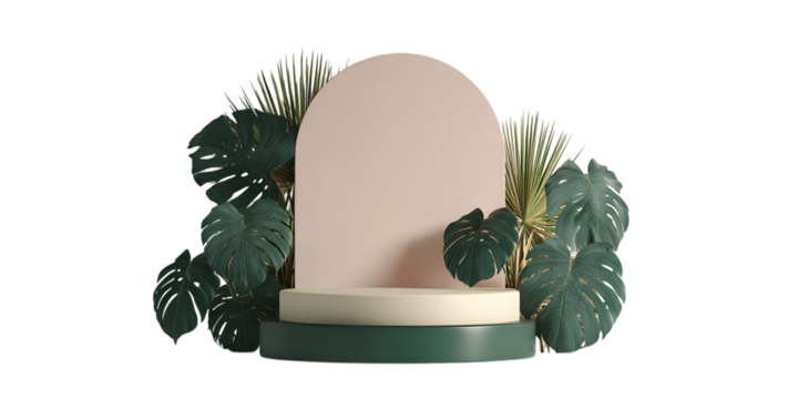 Elegant product display podium with tropical leaves isolated on transparent background