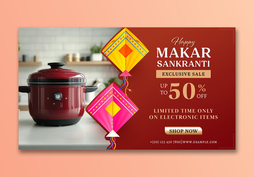 Editable Makar Sankranti Electronic Sale TV Ads Banner with Red Cooker, Vibrant Kites and Fifty Percent Discount in Festive Red Theme Design.
