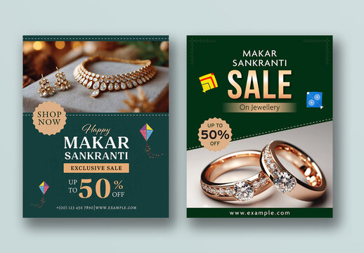 Editable Happy Makar Sankranti Jewellery Sale Template Set with Fifty Percent Discount Offer on Luxury Gold and Diamond Pieces.