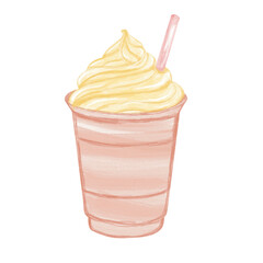 Watercolor illustration of blended coffee in a pink cup. 