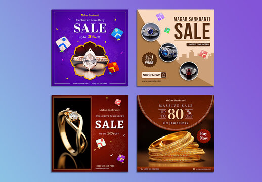 Editable Makar Sankranti Jewellery Sale Social Media Post Set with Special Discount Offers on Gold and Diamond Pieces.