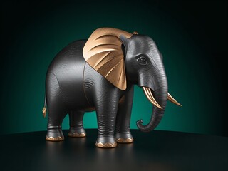 Elegant Black Elephant with Golden Armor Accents on Emerald Background
