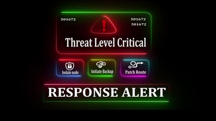 Threat Level Critical response notification on digital interface in data center server room with isolate node initiate backup patch route options animation on black background. - Powered by Adobe