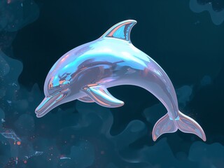 Crystal Glass Dolphin with Iridescent Highlights in Deep Ocean Background
