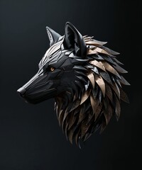 Geometric Black Wolf Head with Golden Engraved Feathers on Dark Background