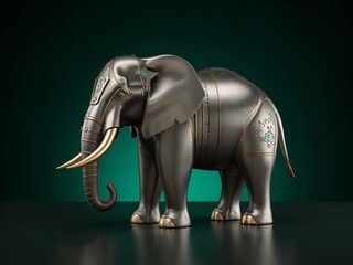 Metallic Elephant with Turquoise Inlays and Golden Details on Emerald Background