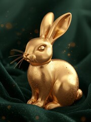 Golden Rabbit Figurine with Soft Sparkling Texture on Emerald Fabric Background