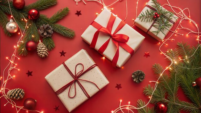 Top view of beautifully wrapped Christmas gifts with red ribbons, surrounded by festive decorations and greenery on a vibrant red background