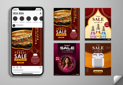 Editable Pongal Festival Sale Social Media Post Set with Different Discount Offers on Jewellery, Perfumes, Traditional Sarees and Electronics.
