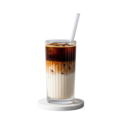 A sophisticated, tall, clear fluted glass with distinct strata of dark cold brew coffee under creamy oat milk, a glass straw, on a white coaster, transparent background. Concept for beverage