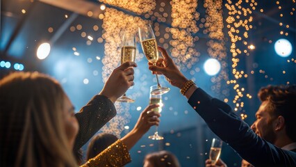Champagne Toast Celebration - Happy New Year With Golden Glitter On Blue Abstract Background And Defocused Bokeh Lights